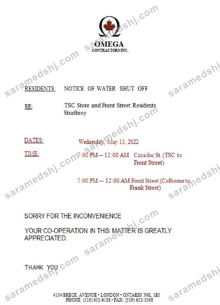 Canada Ontario Omega Contractors Inc. water utility bill shutoff notice